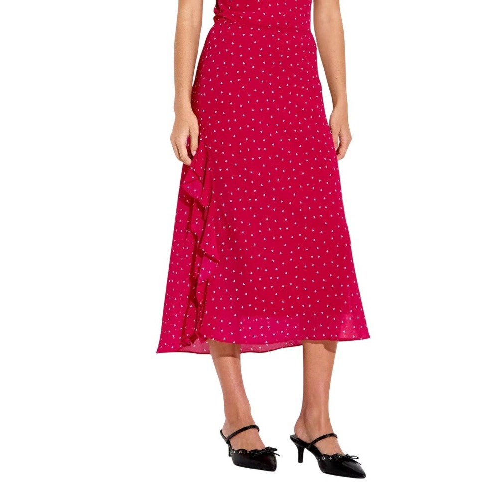 Wild Fable Women's Red Heart Print Ruffle Slit Midi Skirt Size Medium